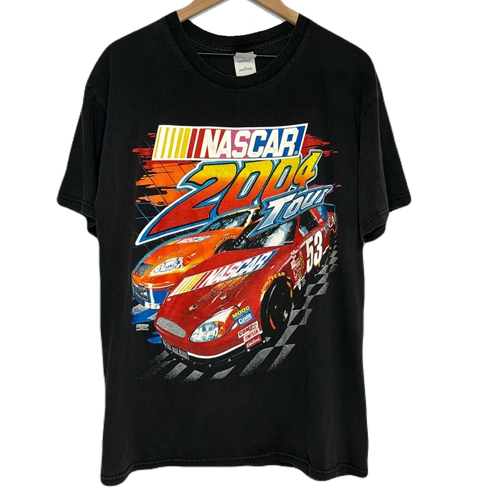 Vintage 2004 NASCAR Large Graphic Print T-Shirt Race Tour Black Y2K Dates